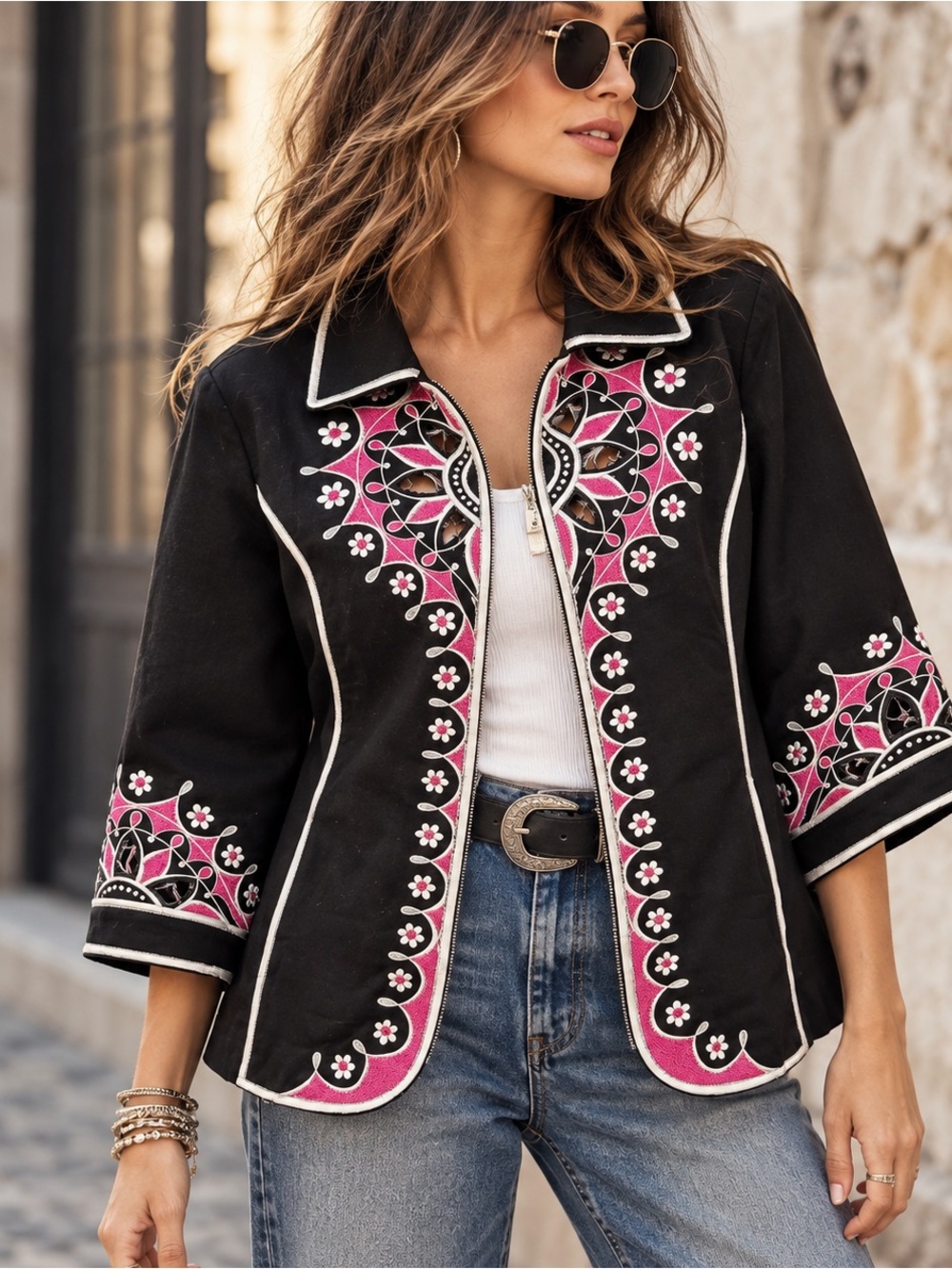 Bob Mackie Wearable Art Embroidered Cutout Jacket Black Pink 3/4 Sleeve Sz M
